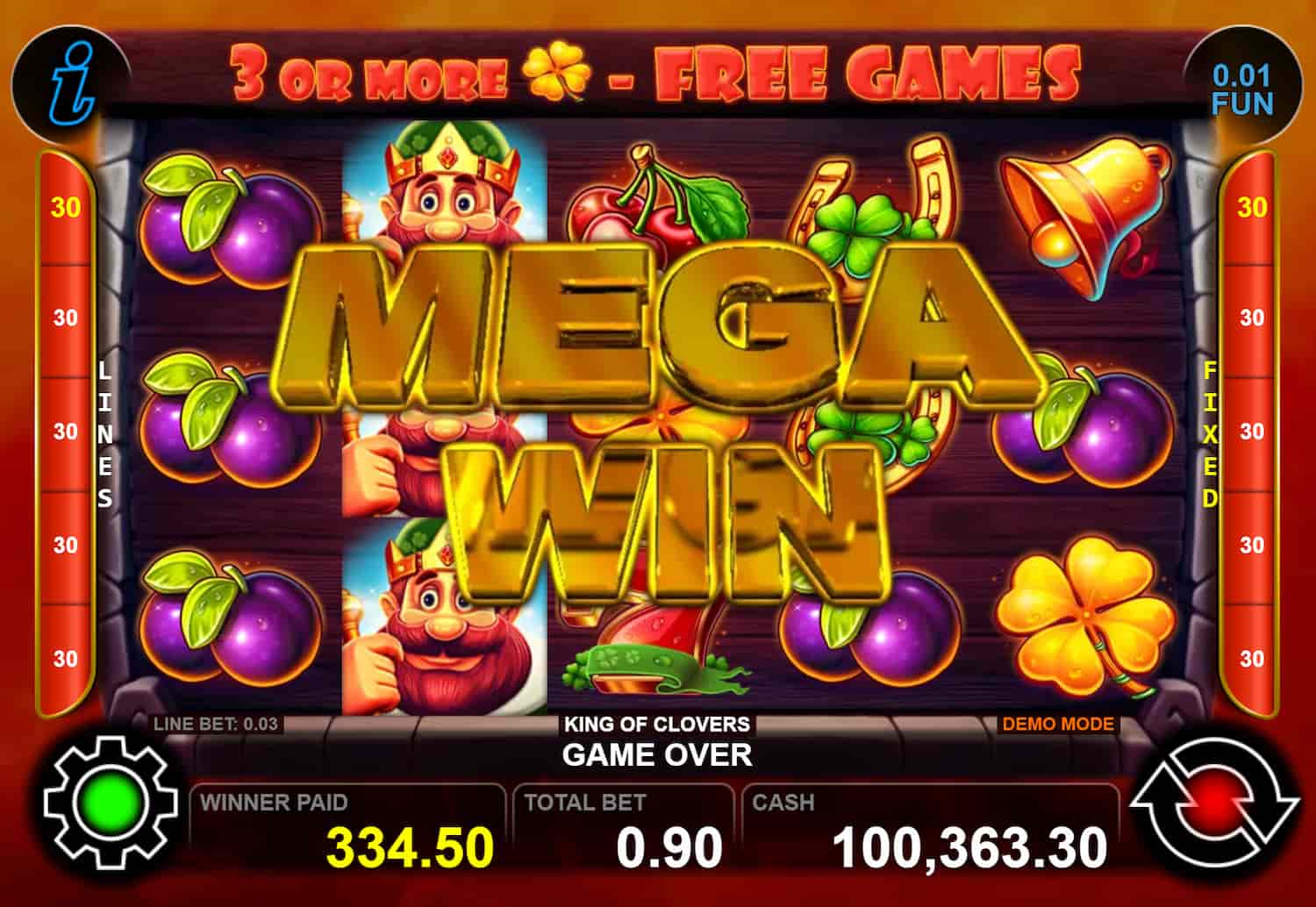 Mega Win Screen, with over 330x the bet - King of Clovers slot game