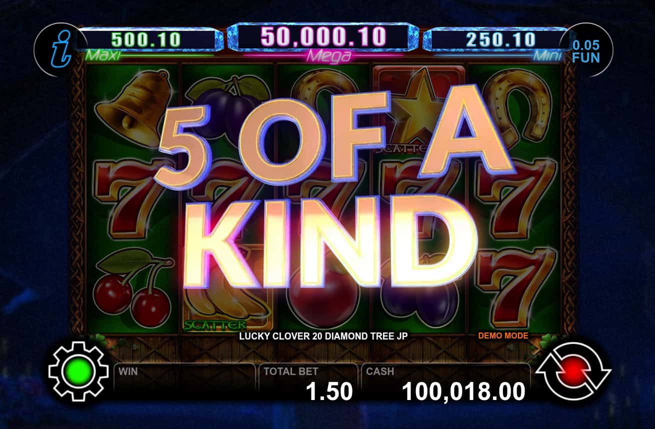 5 of a Kind Win Screen - Lucky Clover 20 Diamond Tree Jackpot slot game