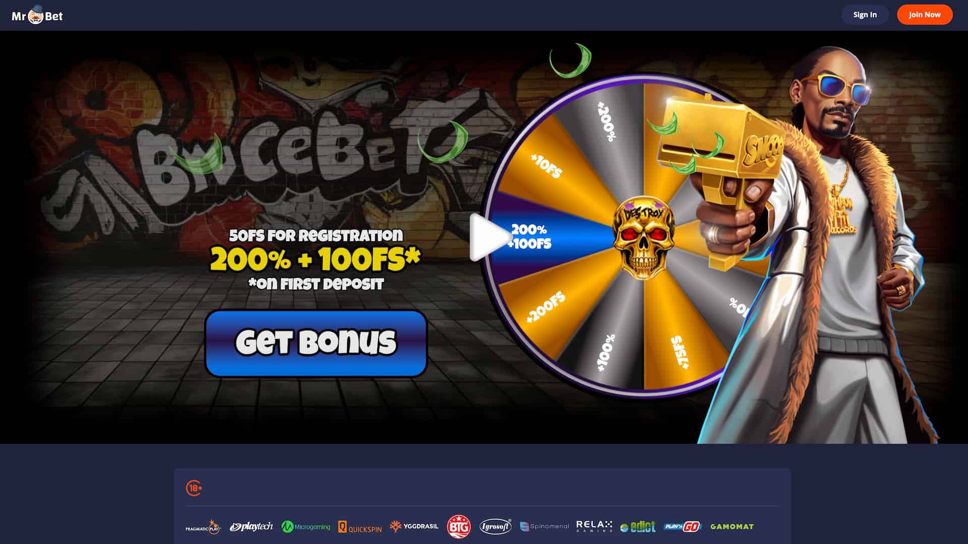 Landing page with the 50 free spins bonus and welcome bonus