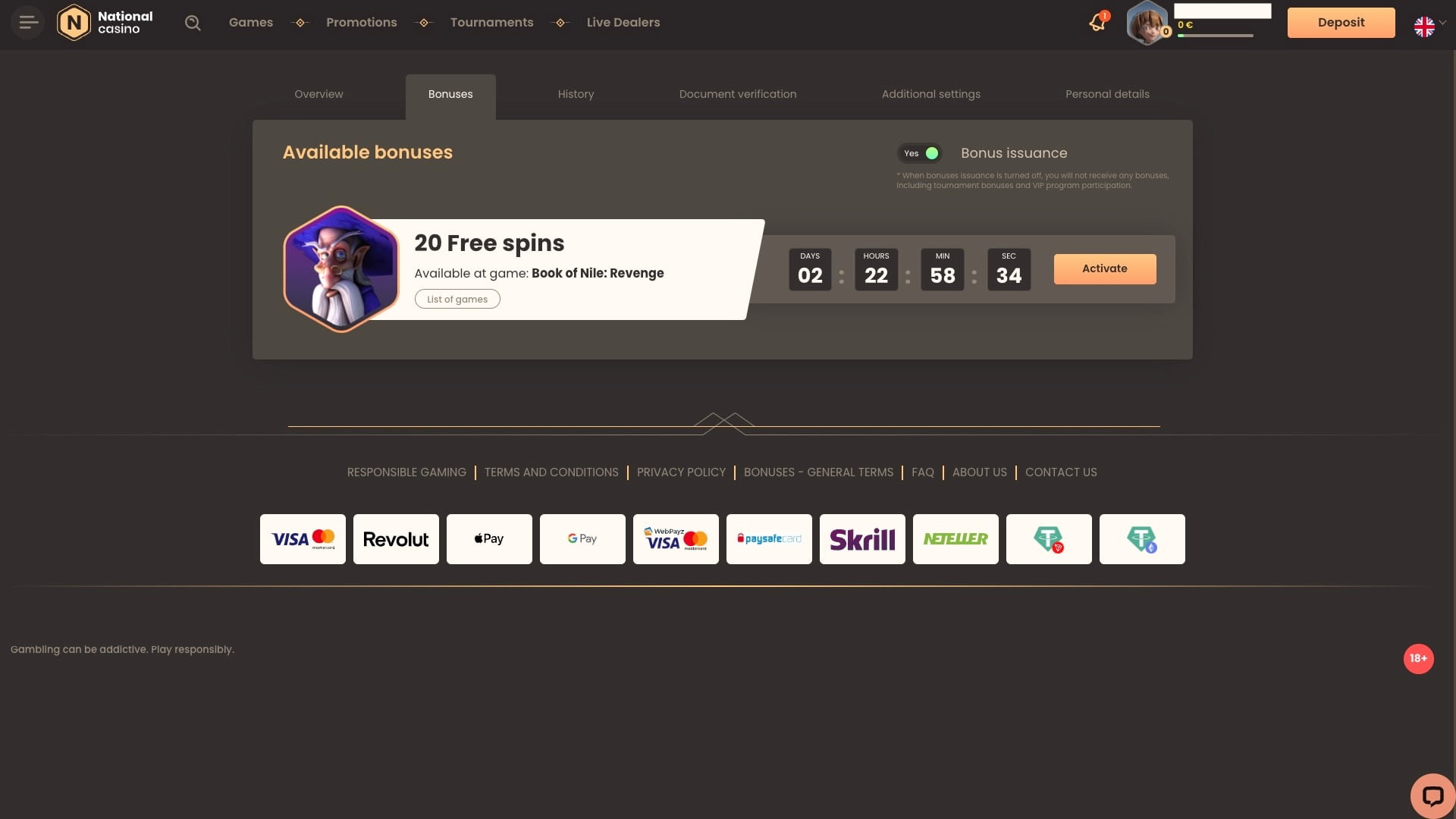 20 Free Spins received in the Bonus Menu within our profile