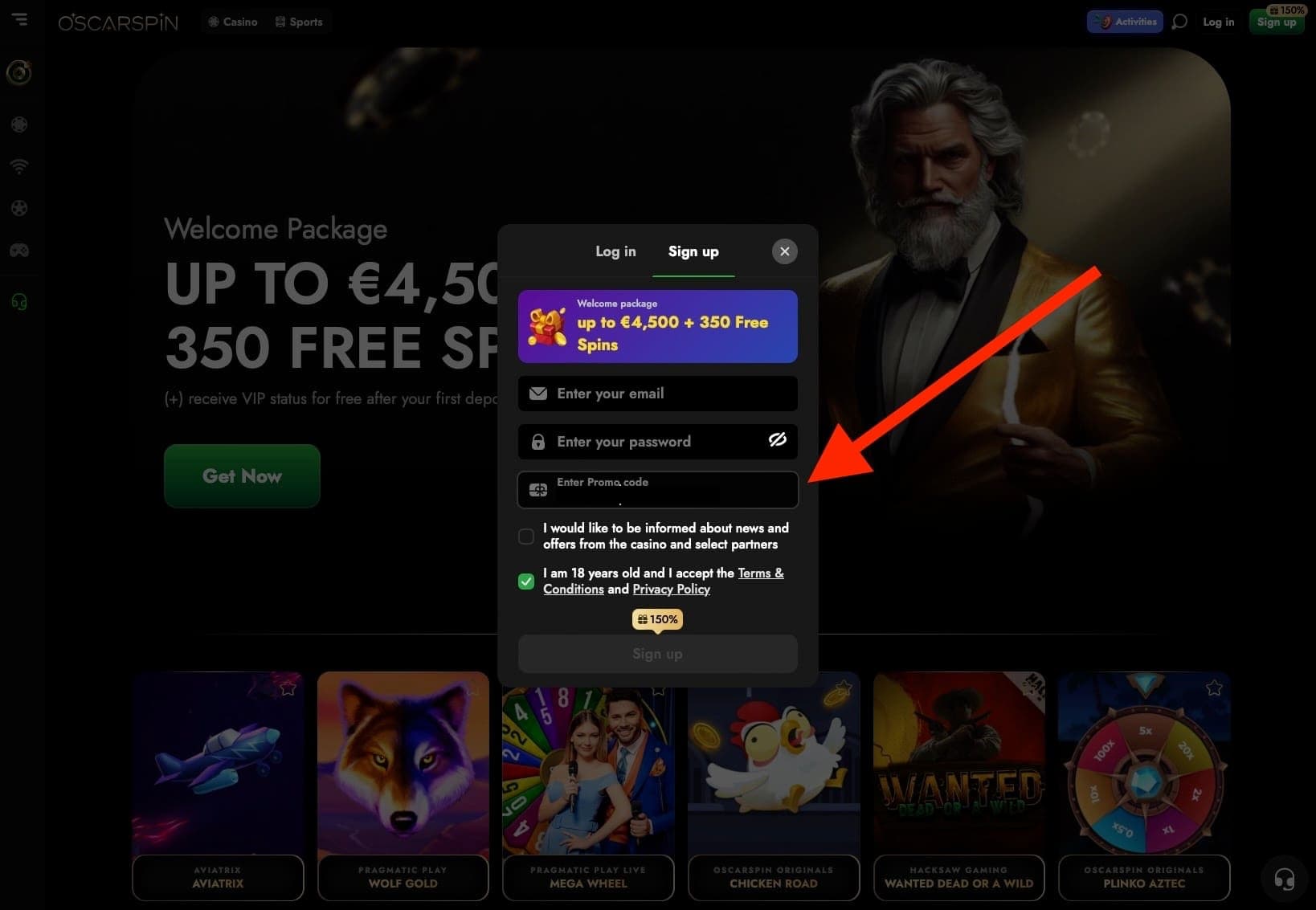 Starting the registration process at Oscarspin Casino and provide the casinolove10 promo code.