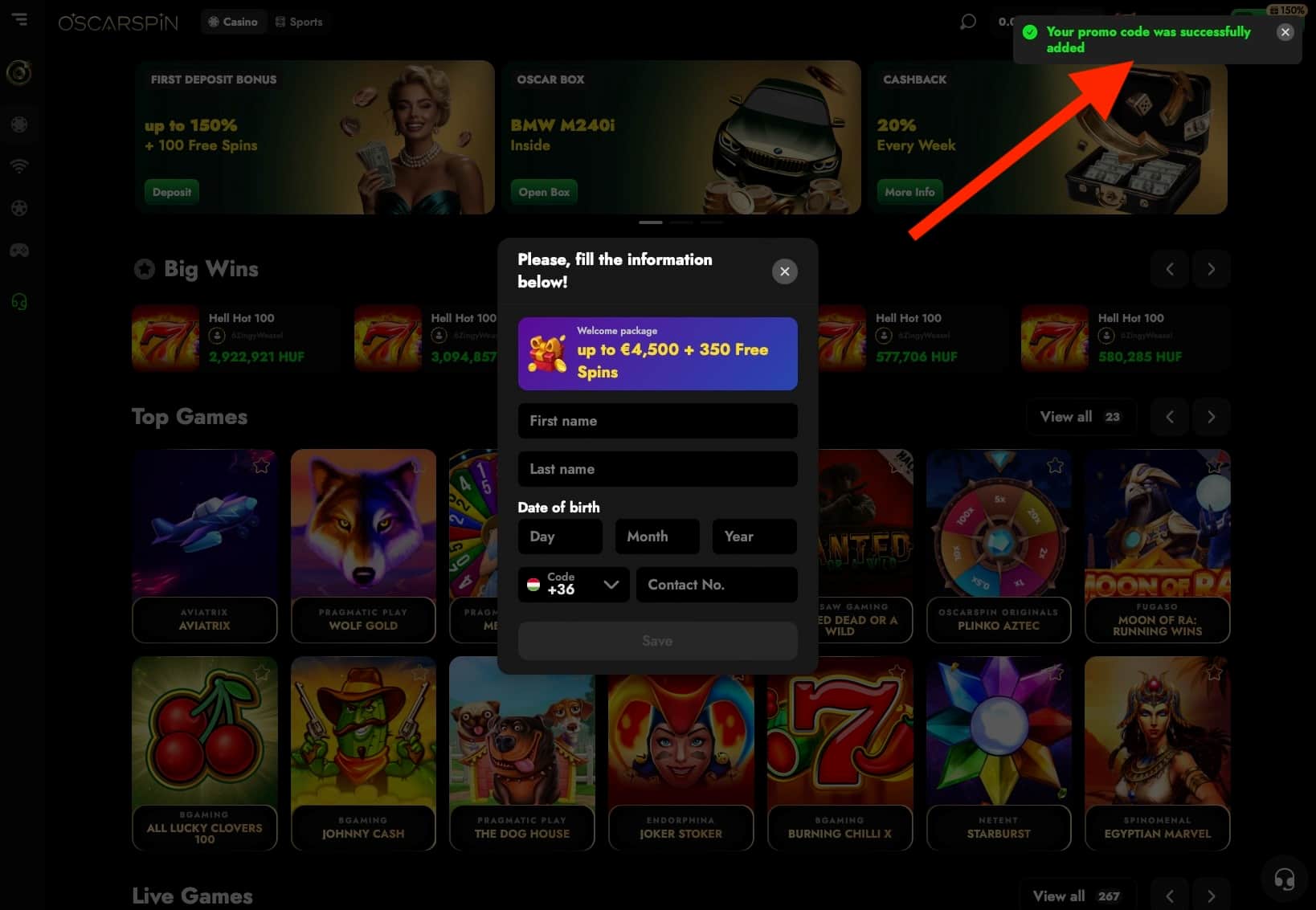 Provide personal details to continue the registration. Promo Code accepted message.