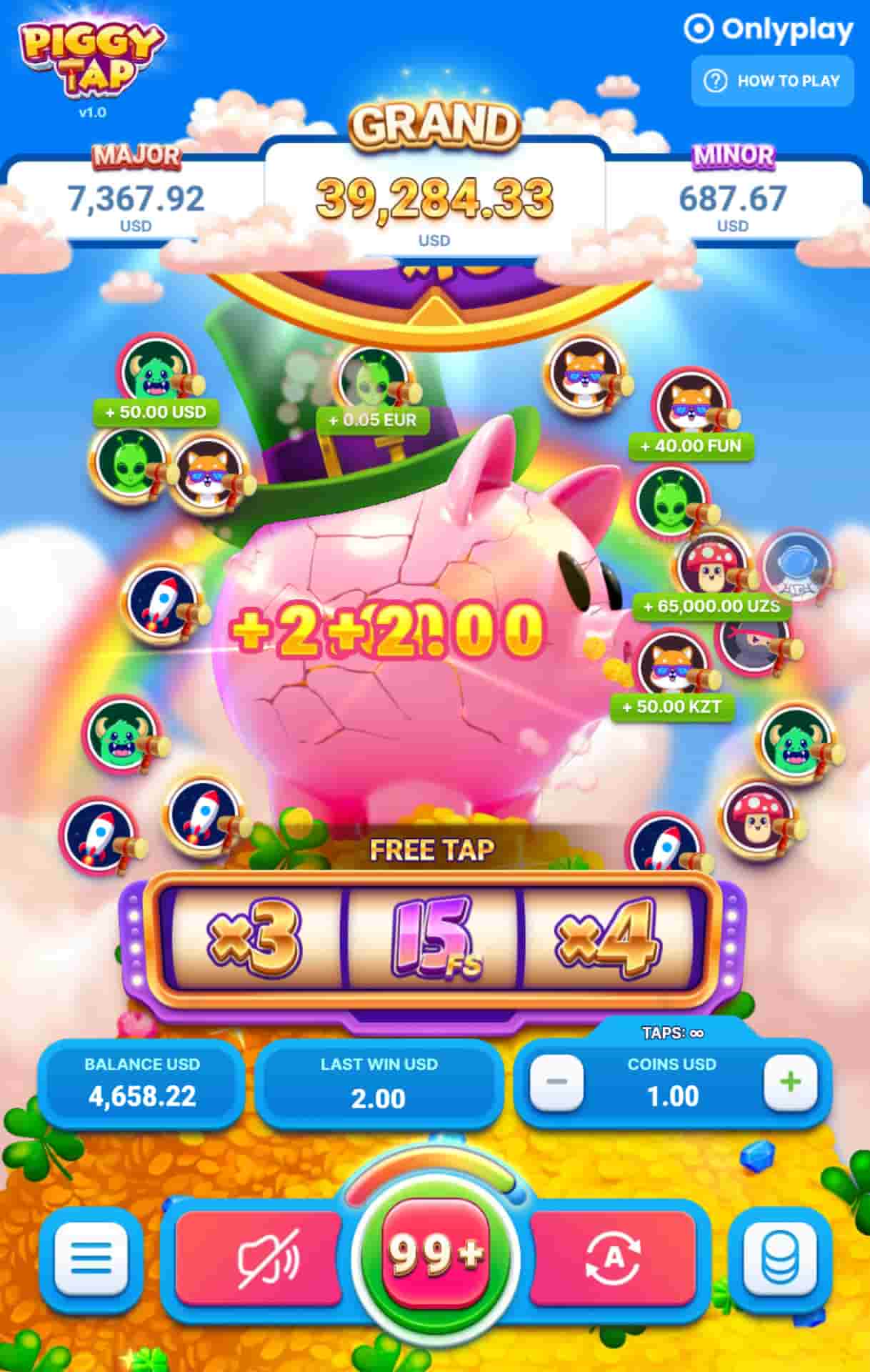 At the beginning of the bonus games you may recieve multipliers alongside free taps - Piggy Tap tapper game