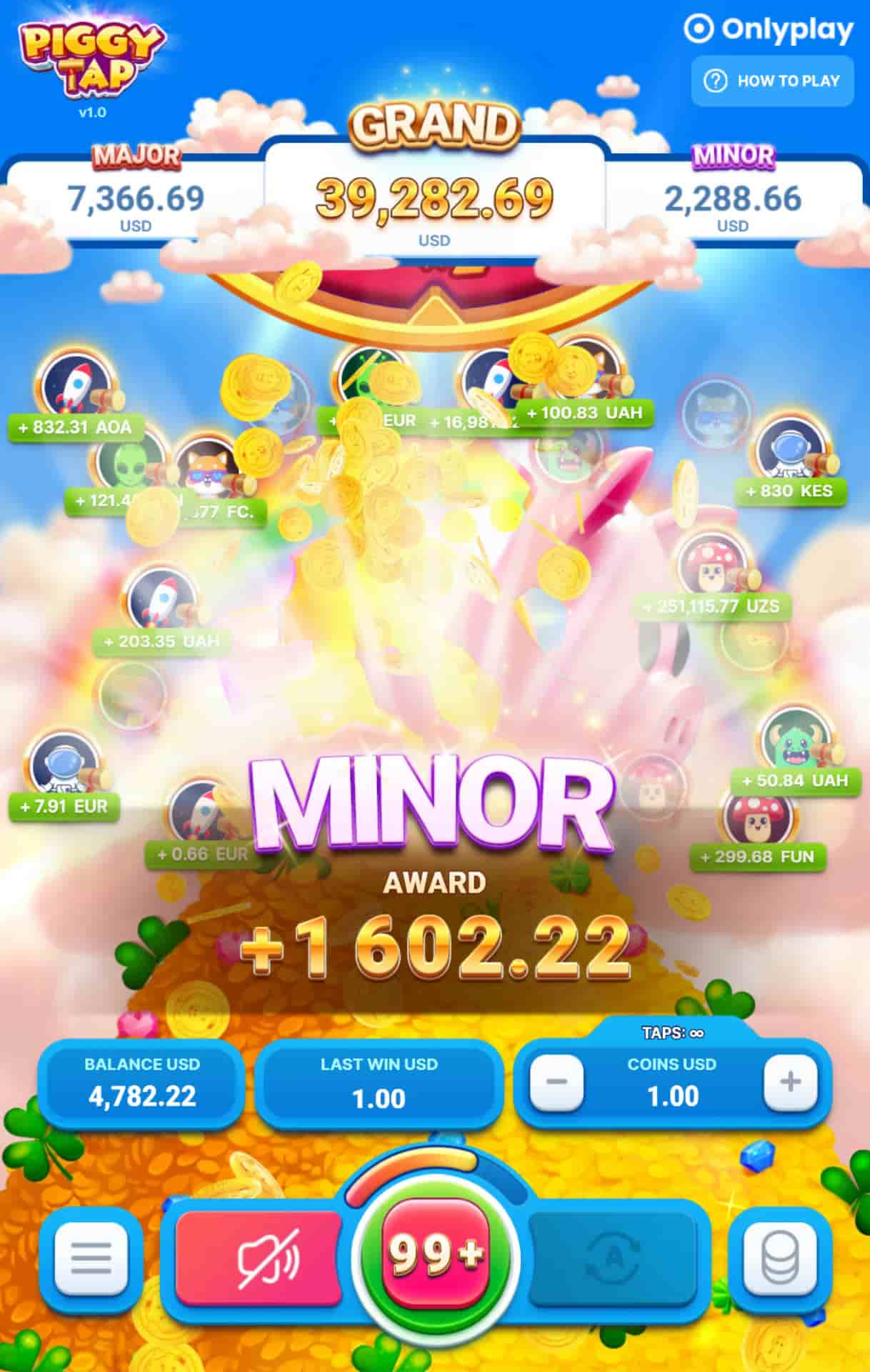 A minor jackpot win of over x1,600 the bet - Piggy Tap tapper game
