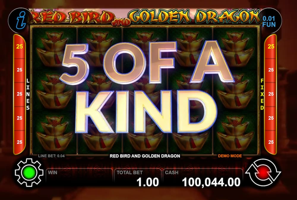 5 of a Kind Win Screen - Red Bird and Golden Dragon slot game