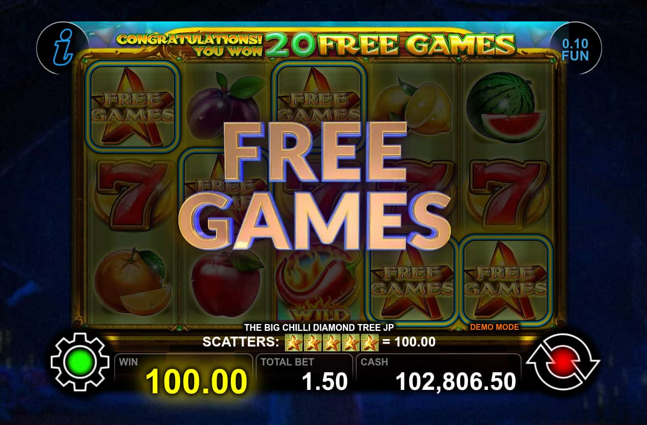 Free Games Screen - The Big Chilli Diamond Tree Jackpot slot game