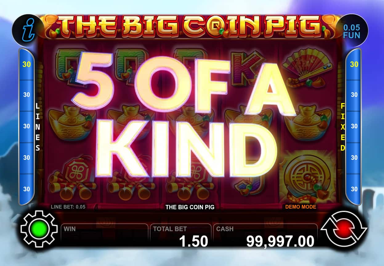 5 of a Kind Win Screen - The Big Coin Pig slot game