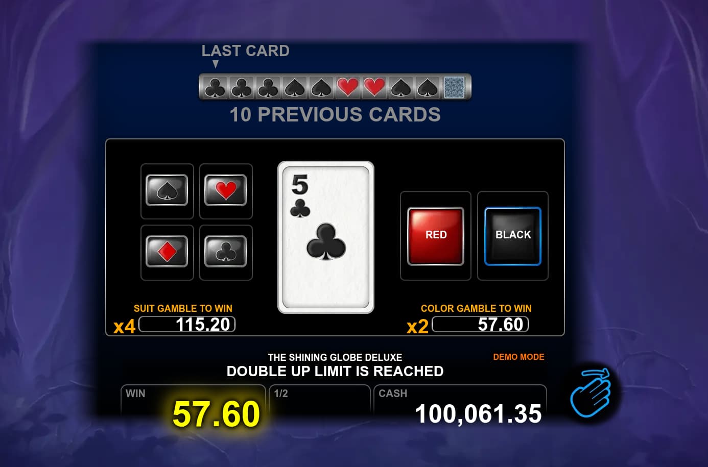 Double-Up Feature Screen - The Shining Globe Deluxe slot game