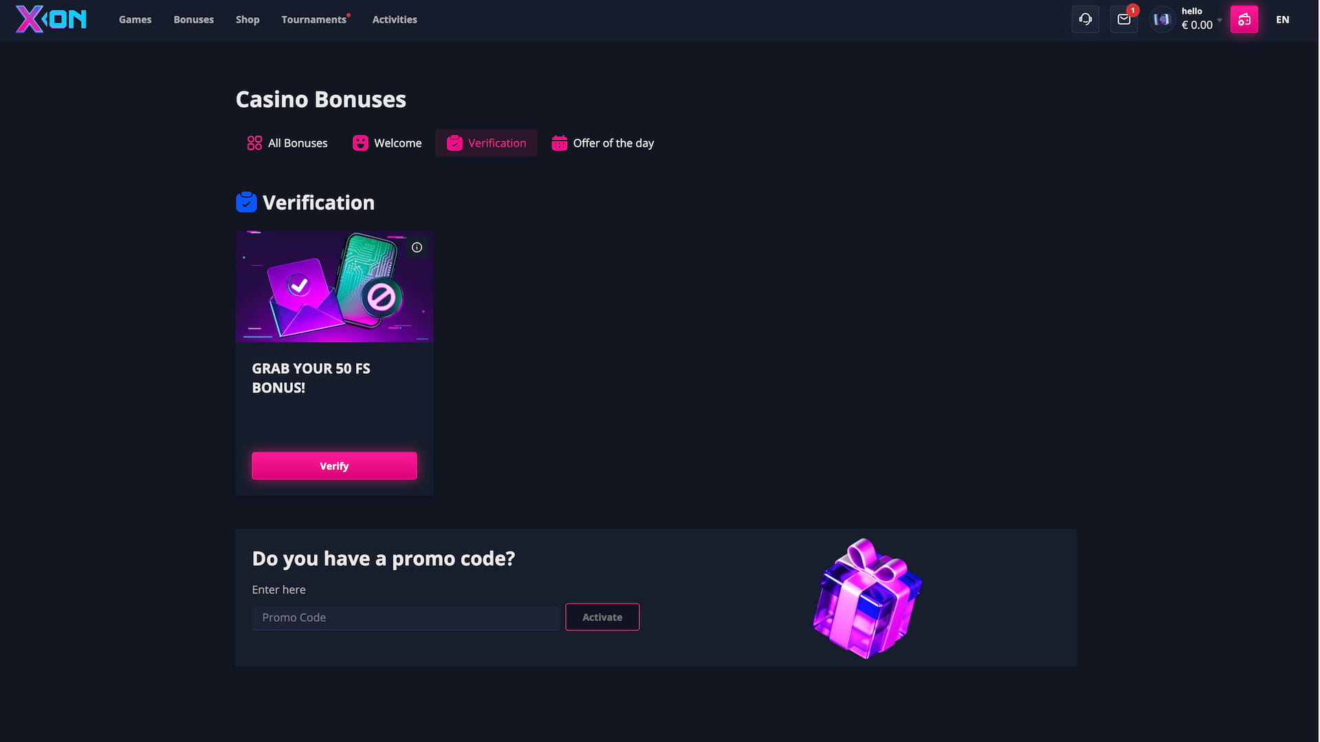 50 Free Spins received in the Bonus Menu within our profile