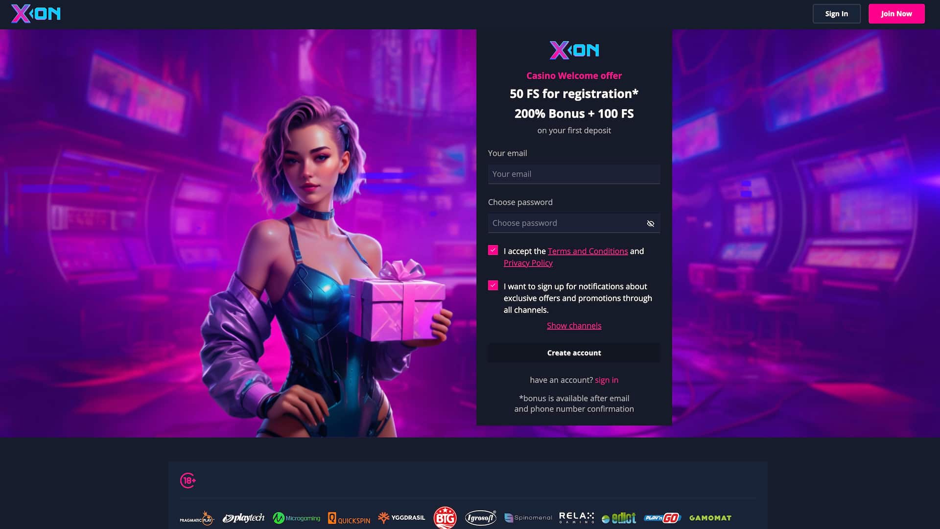 Landing page with the 50 free spins bonus and welcome bonus