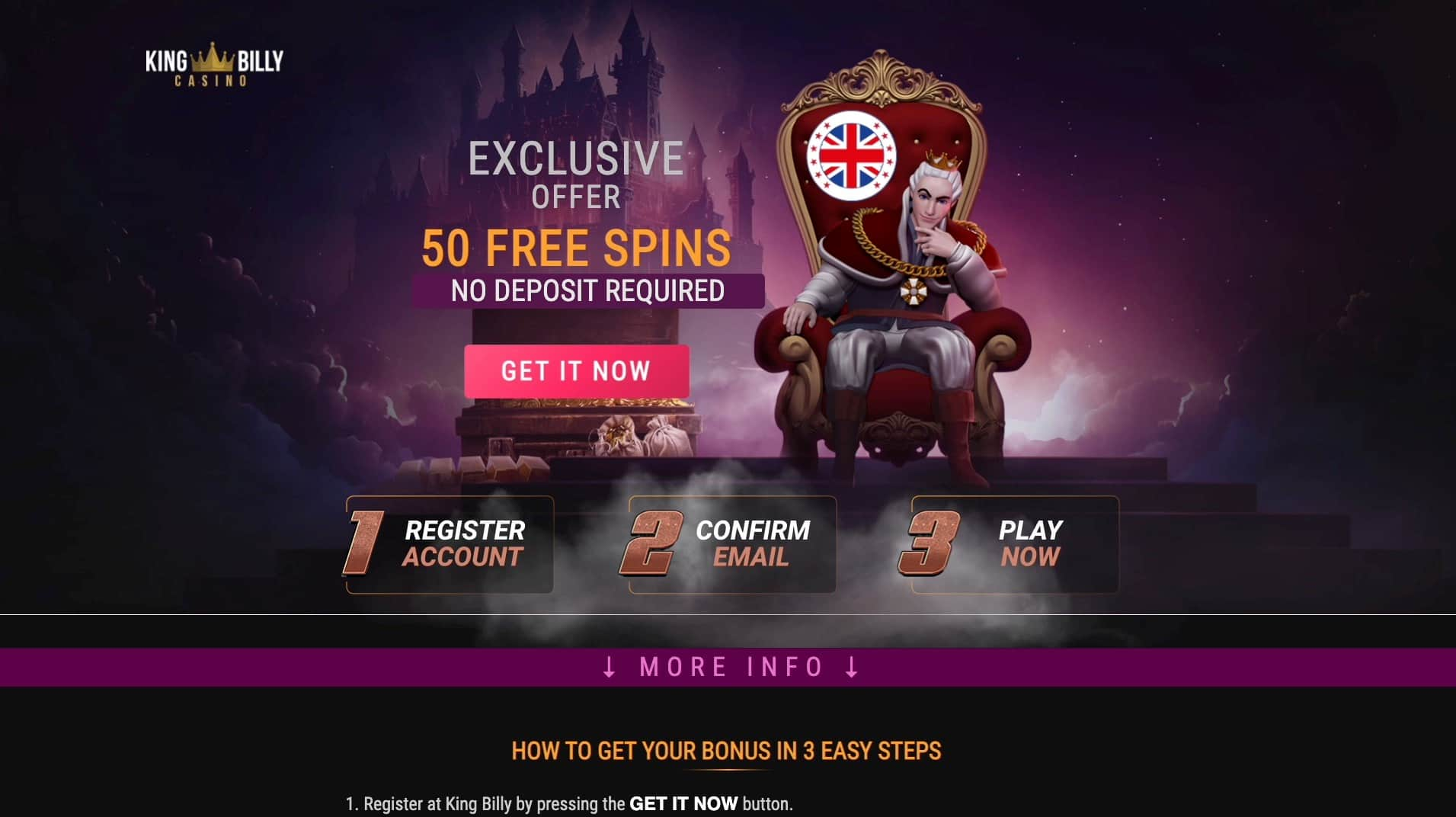 Landing page with the 50 free spins bonus details