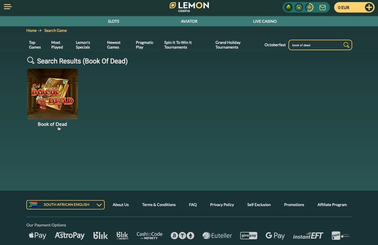 Search for the Book of Dead slot game at Lemon Casino.