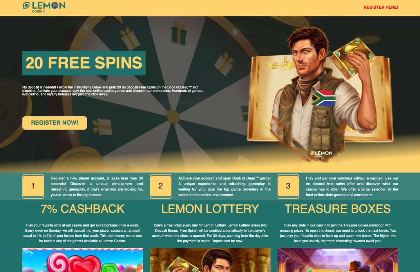 Landing page of the 20 Free Spins no deposit bonus at Lemon Casino.