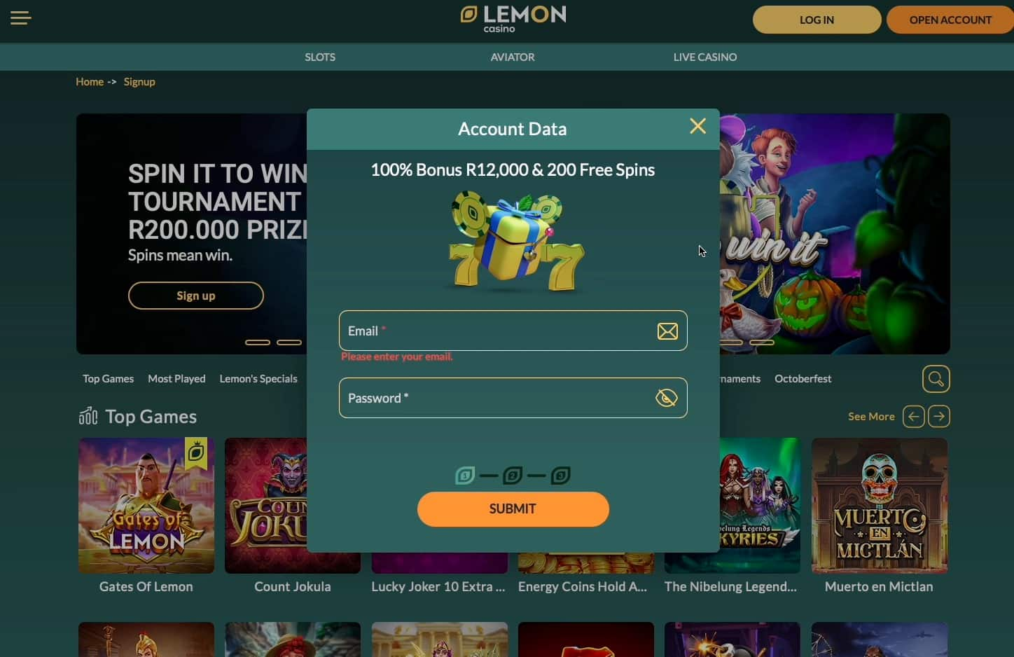 First step of the Lemon Casino registration: provide email address and password.