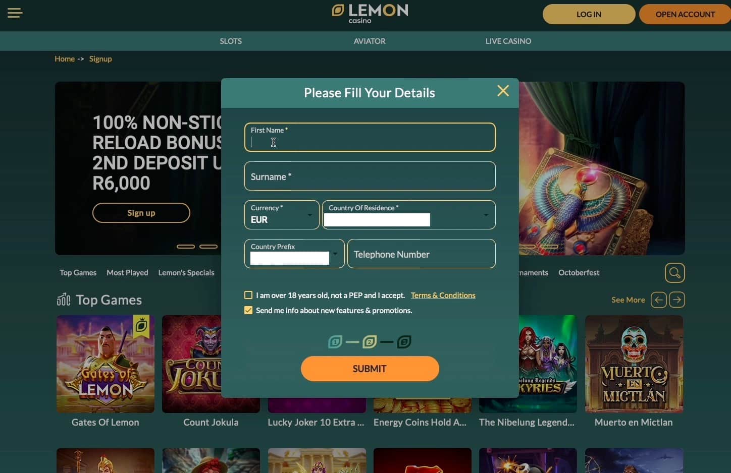 Second step of the Lemon Casino registration: provide name, country, and mobile number.