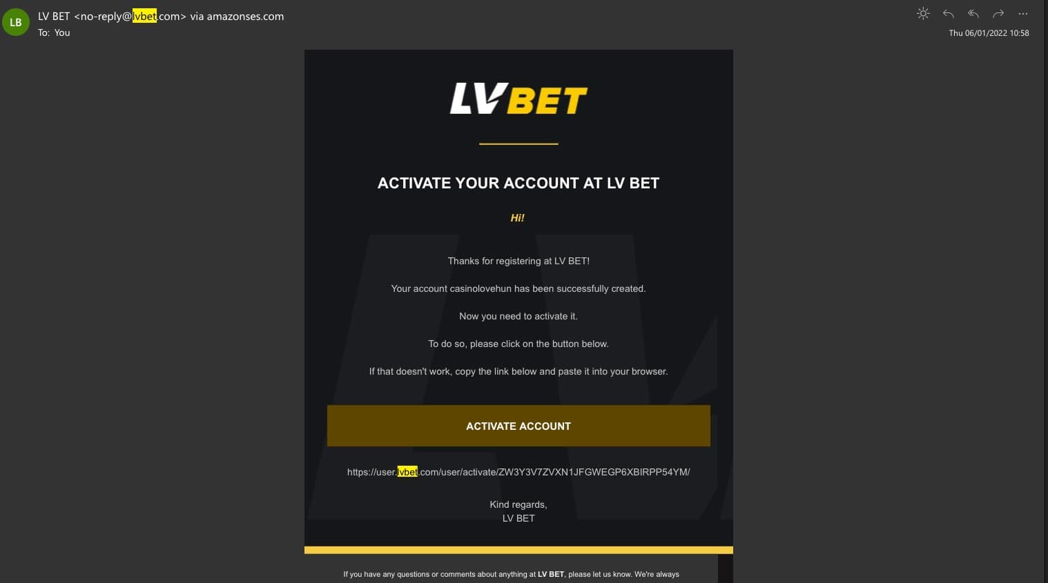 LVBET Casino confirmation email