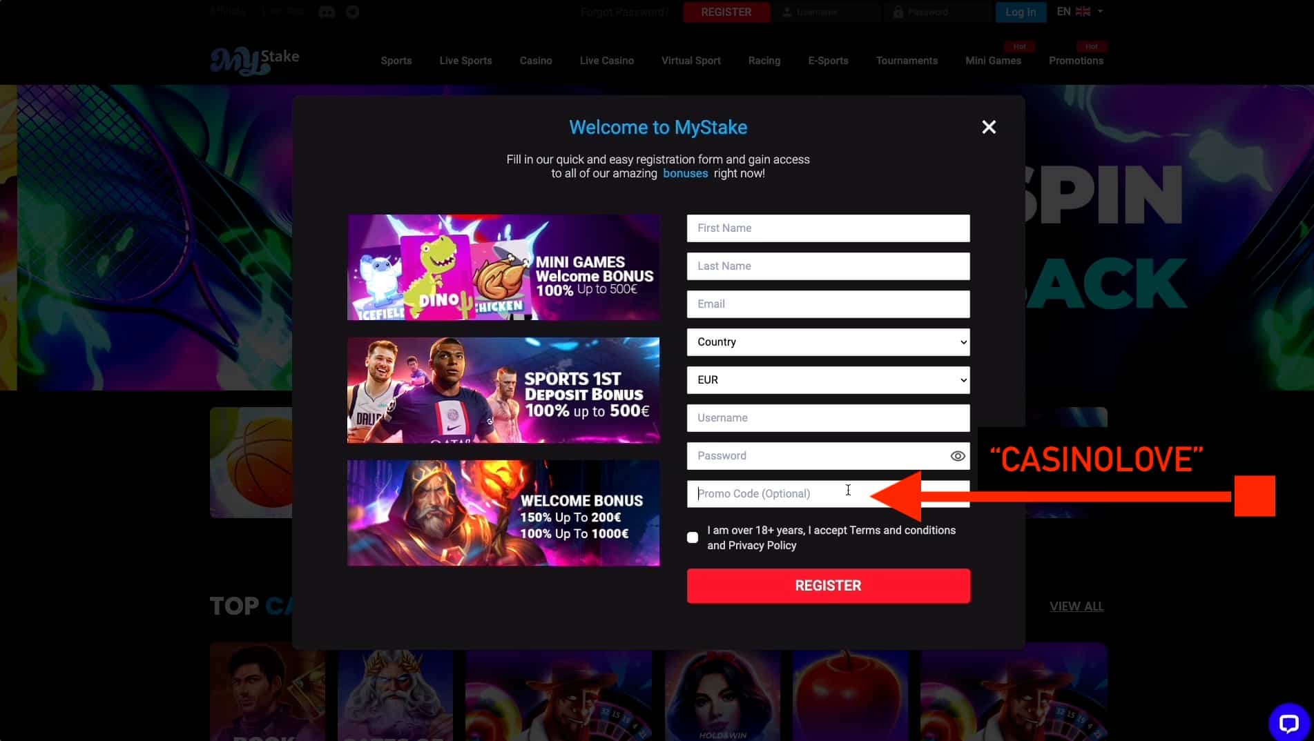 Enter the 'casinolove' promo code at registration