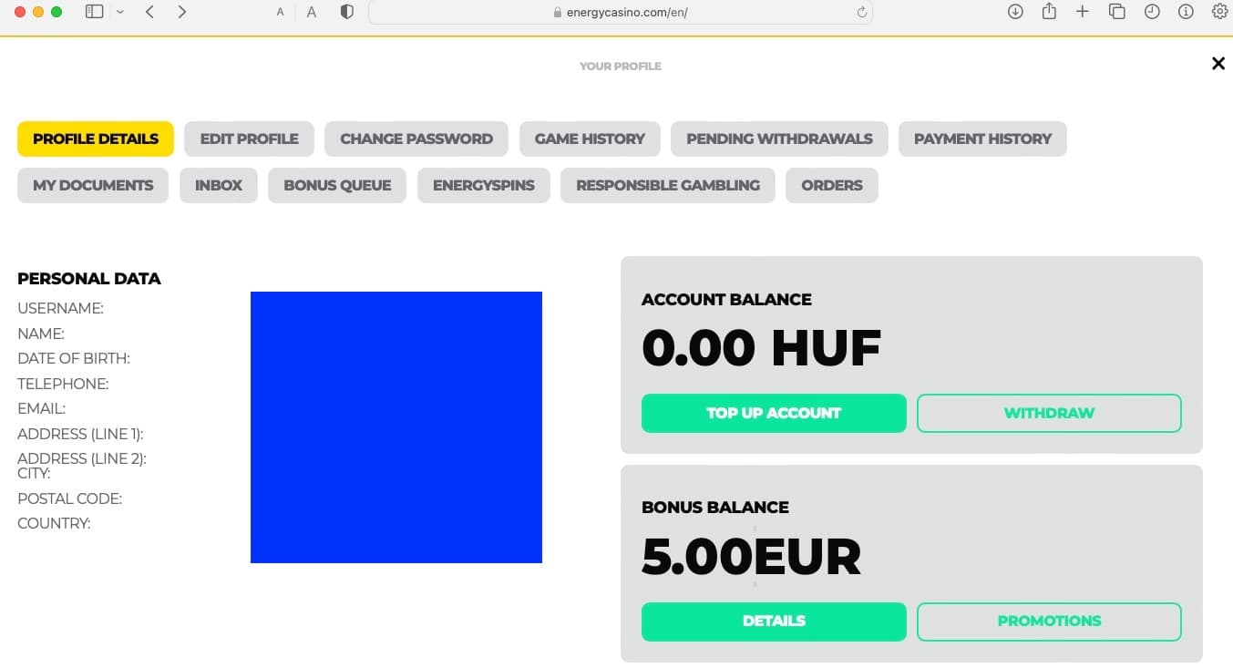 Mottatt 5 € bonus uten innskudd på Energy Casino