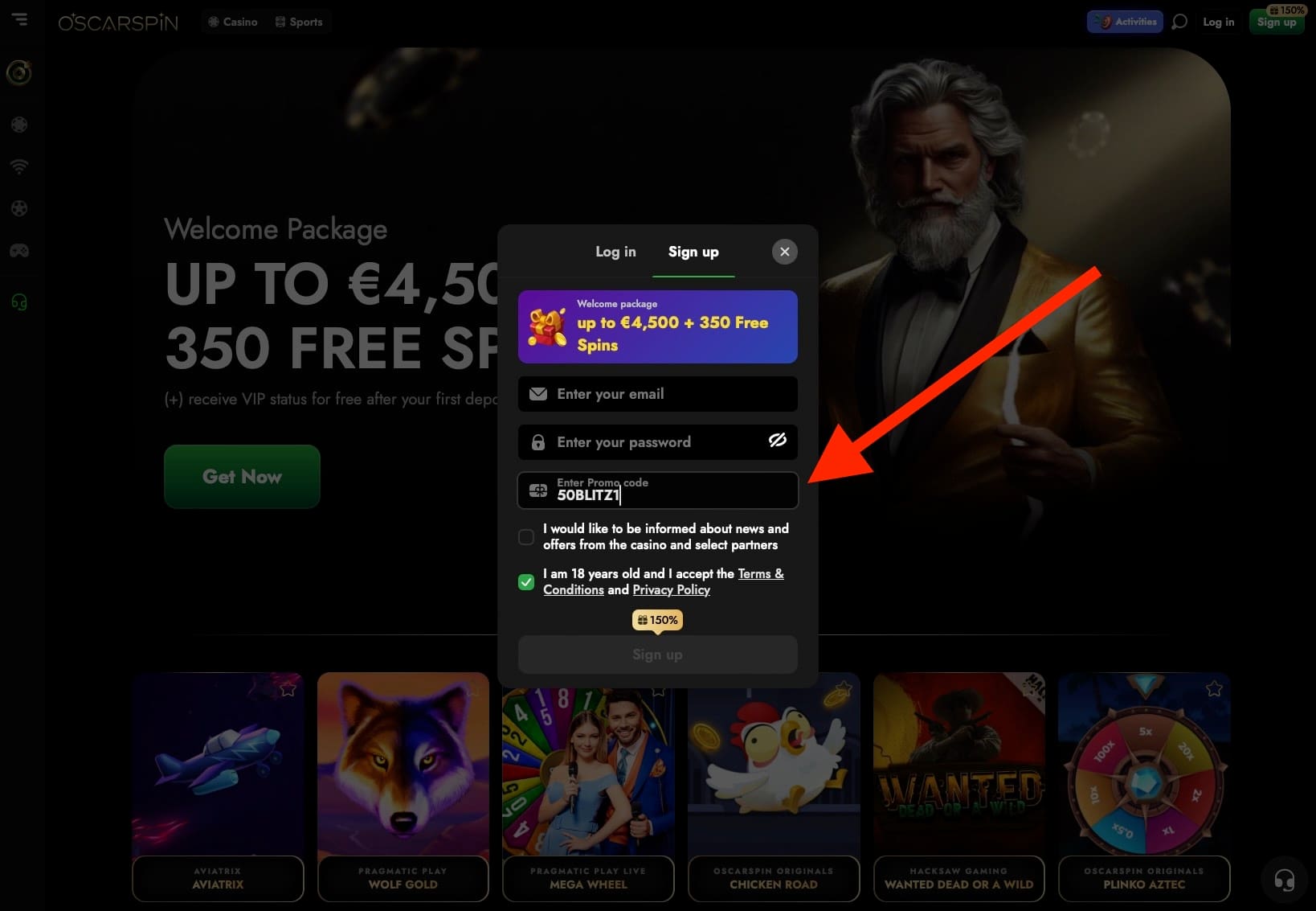 Starting the registration process at Oscarspin Casino and provide the 50BLITZ1 promo code.