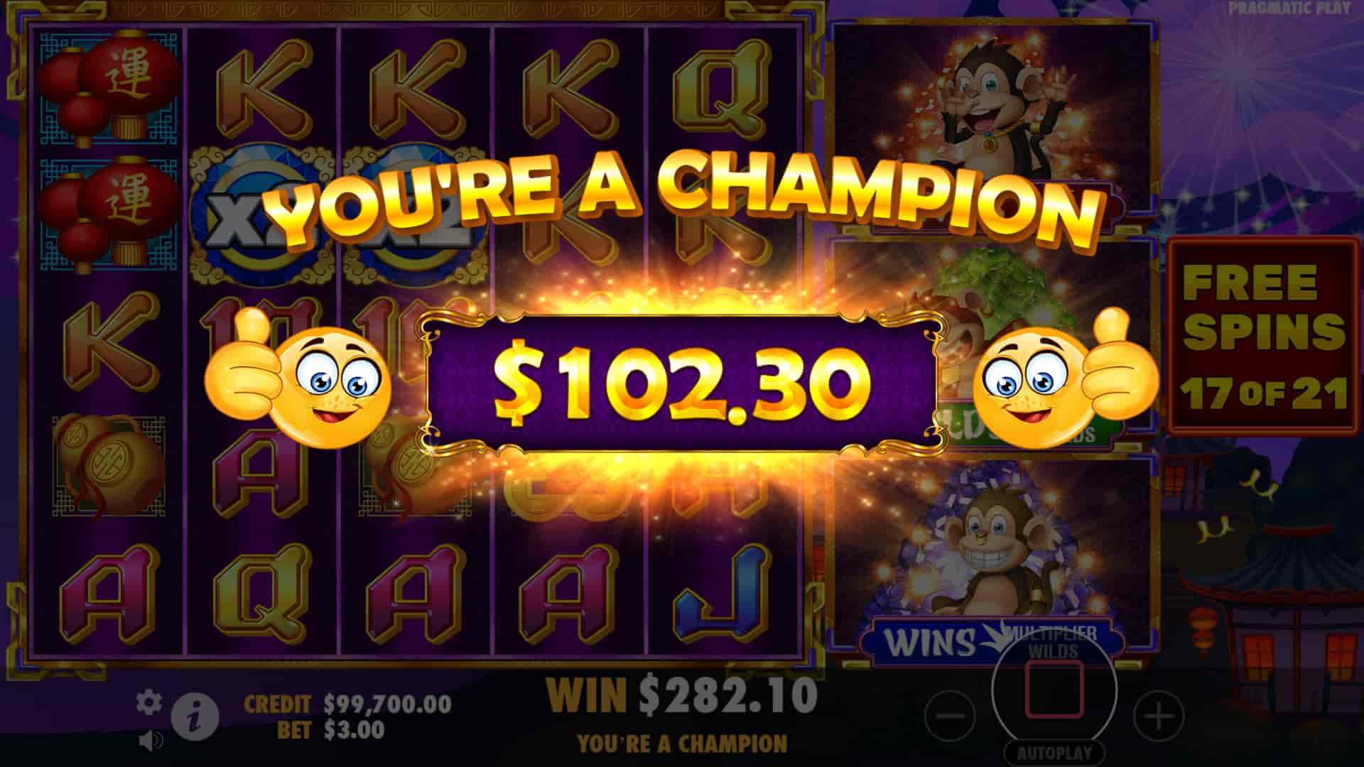 Over 100X Win Screen - 3 Dancing Monkeys slot game