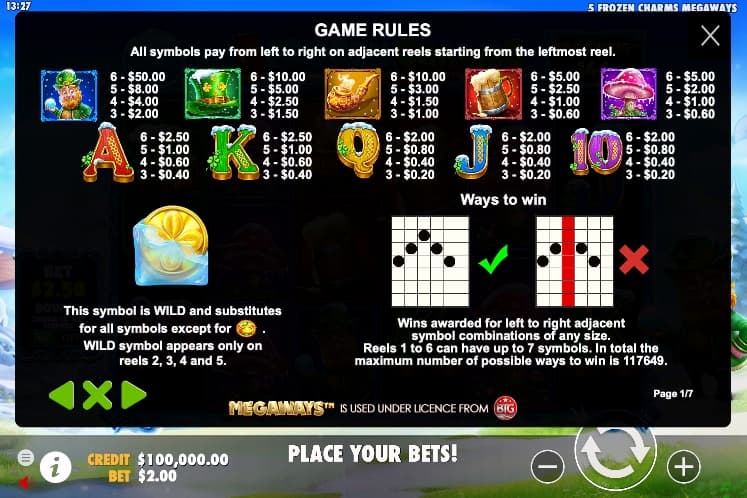 Symbols and paytable of the 5 Frozen Charms Megaways slot game