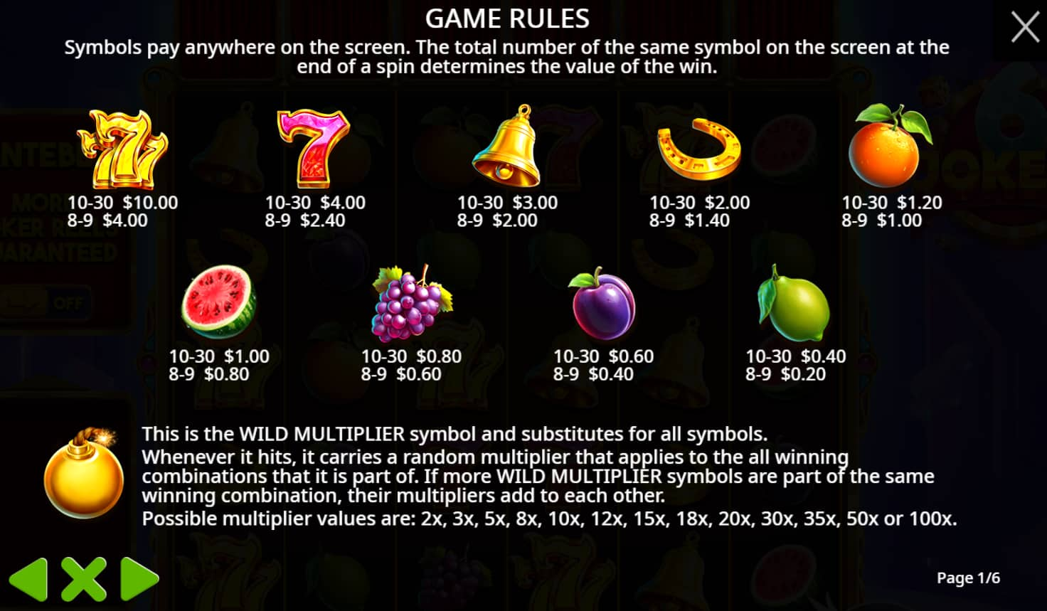 Symbols and paytable of the 6 Jokers slot game