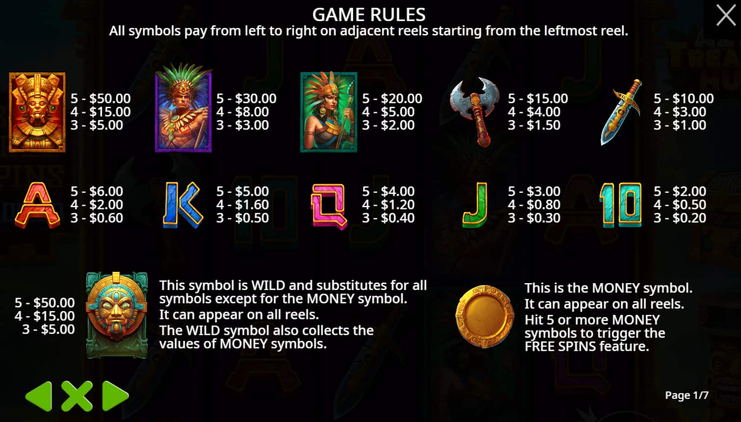 Symbols and paytable of the Aztec Treasure Hunt slot game