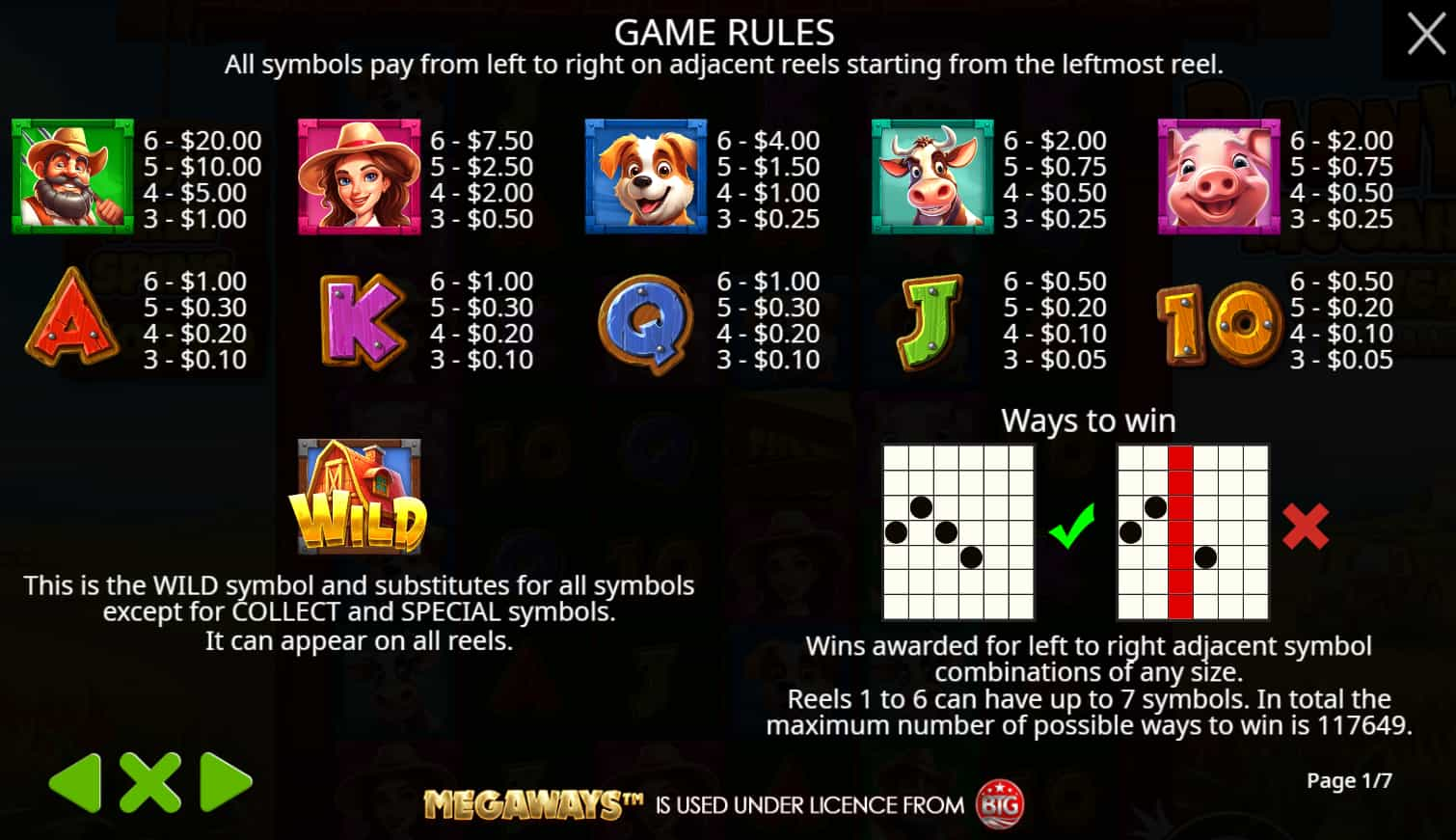 Symbols and paytable of the Barnyard Megahays Megaways slot game