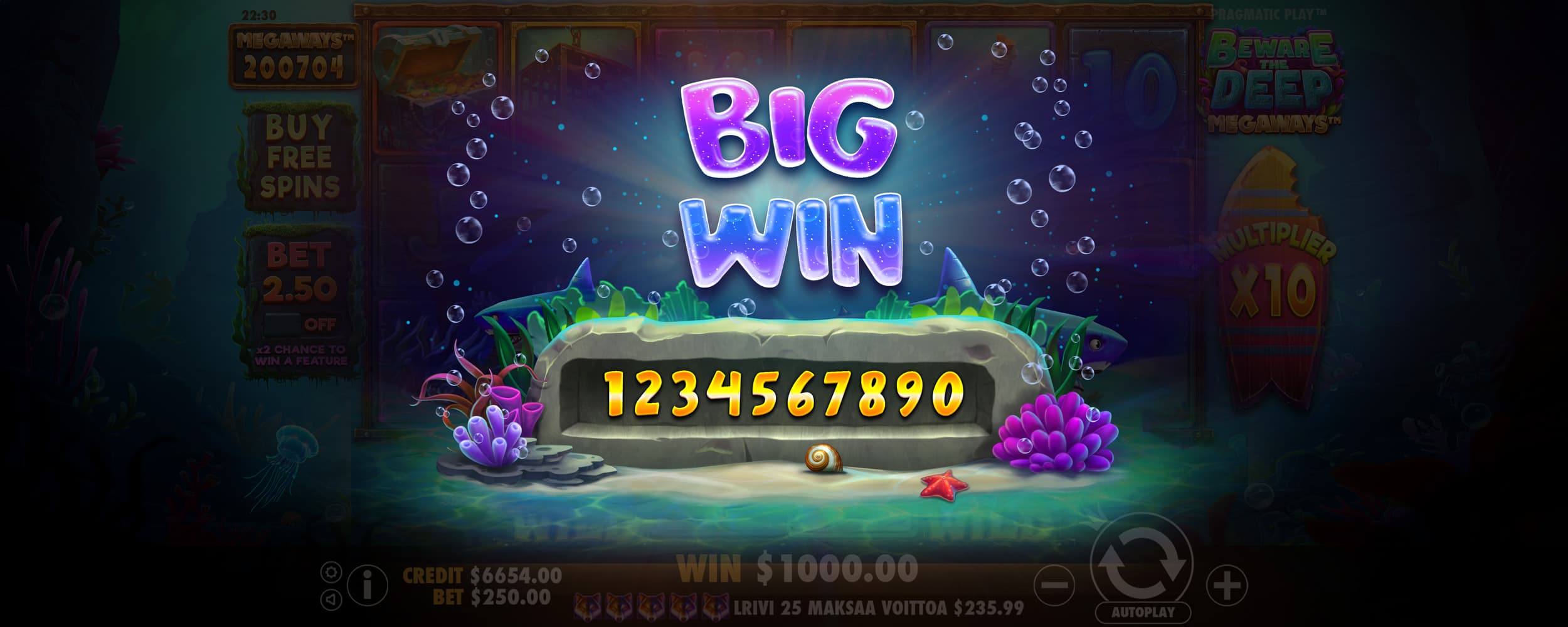 Big Win Screen - Beware The Deep Megaways slot game