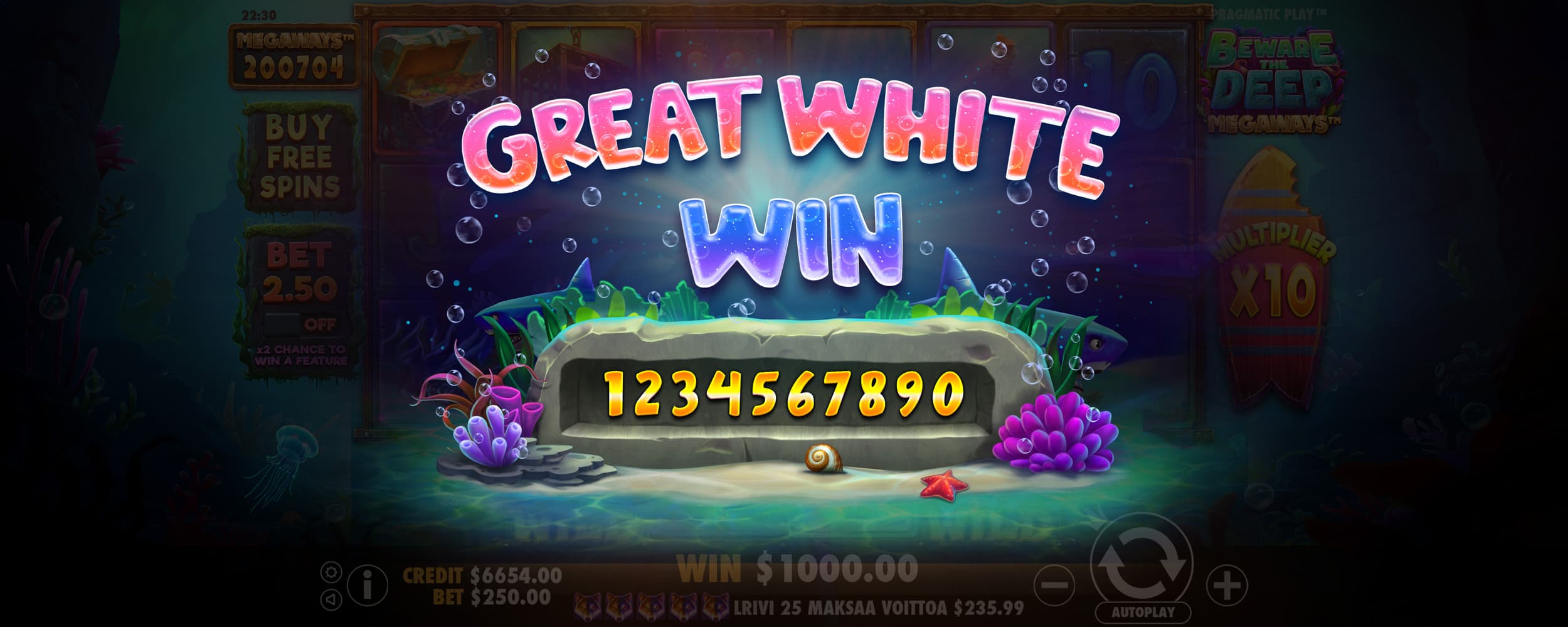 Great White Win Screen - Beware The Deep Megaways slot game