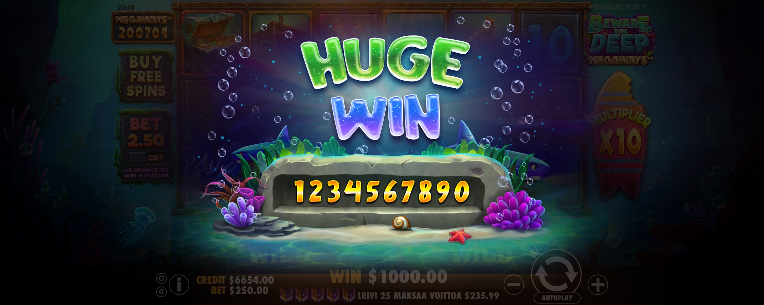 Huge Win Screen - Beware The Deep Megaways slot game