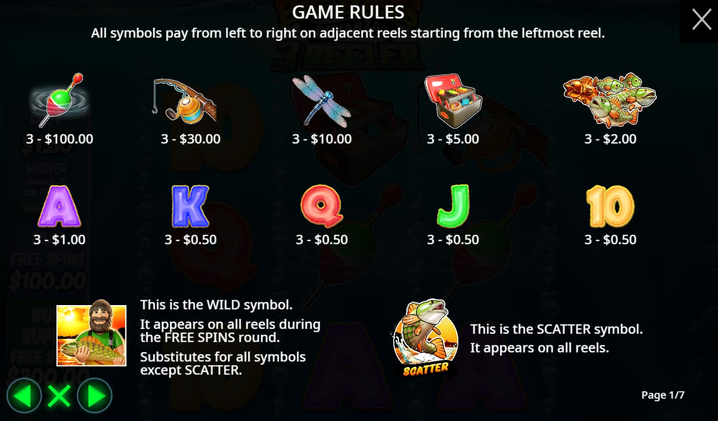 Symbols and paytable of the Big Bass Bonanza 3 Reeler slot game