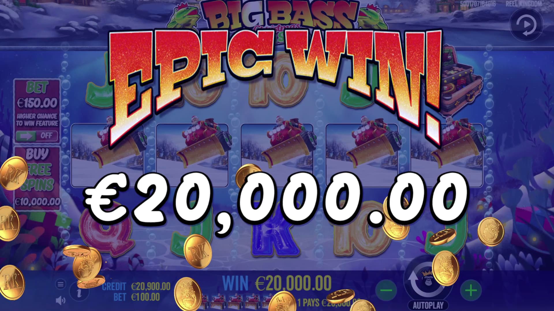 Epic Win Screen for one of the biggest wins in the Big Bass Christmas Bash slot game