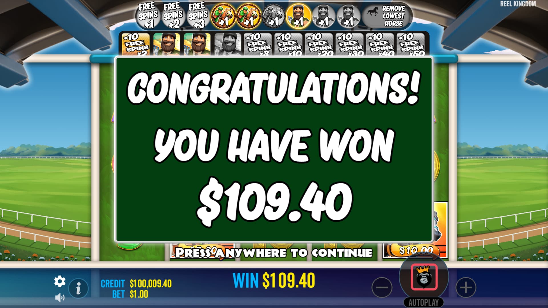 Congratulations Screen with a +100x Win - Big Bass Day at the Races slot game