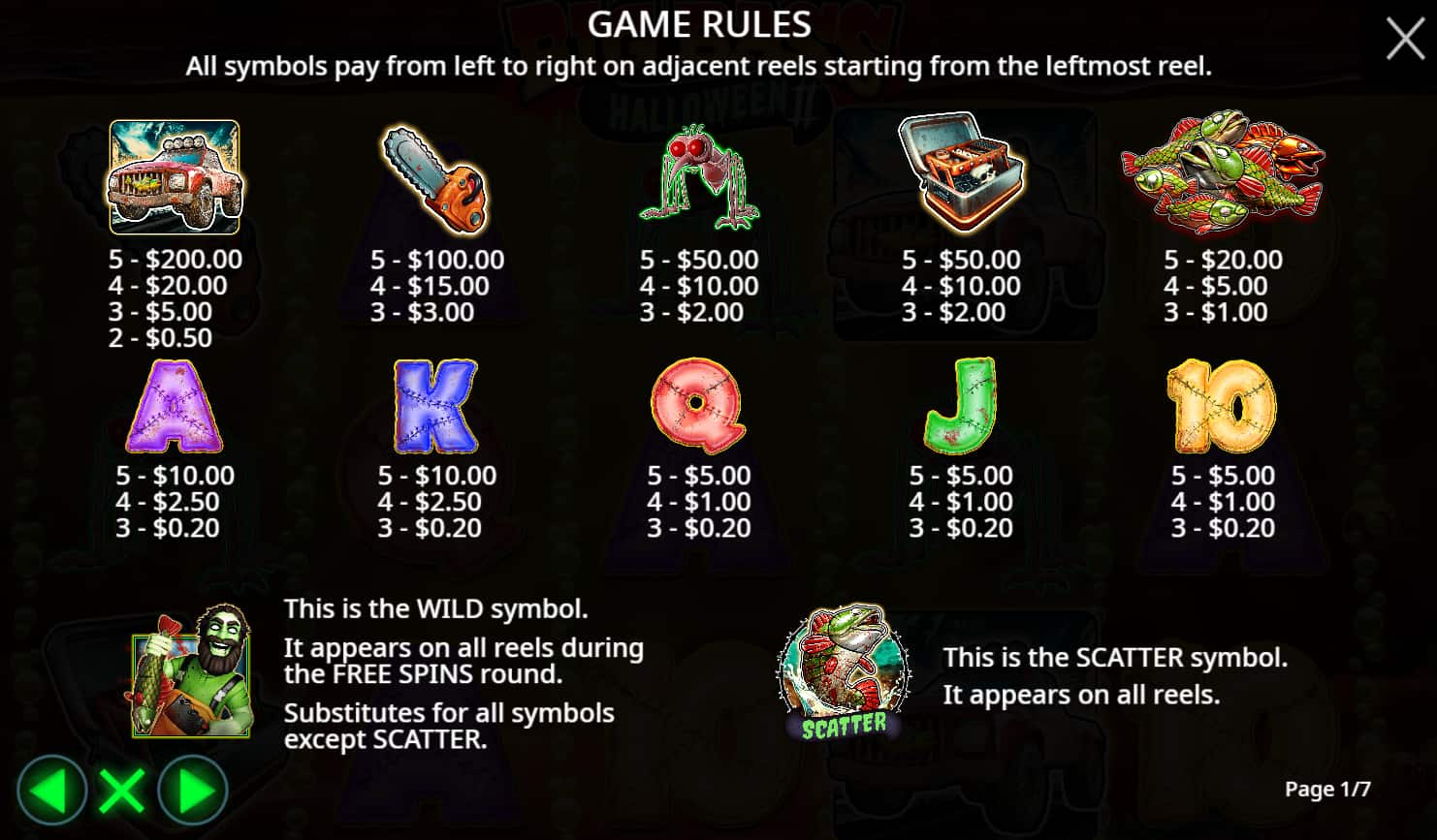 Symbols and paytable of the Big Bass Halloween II slot game