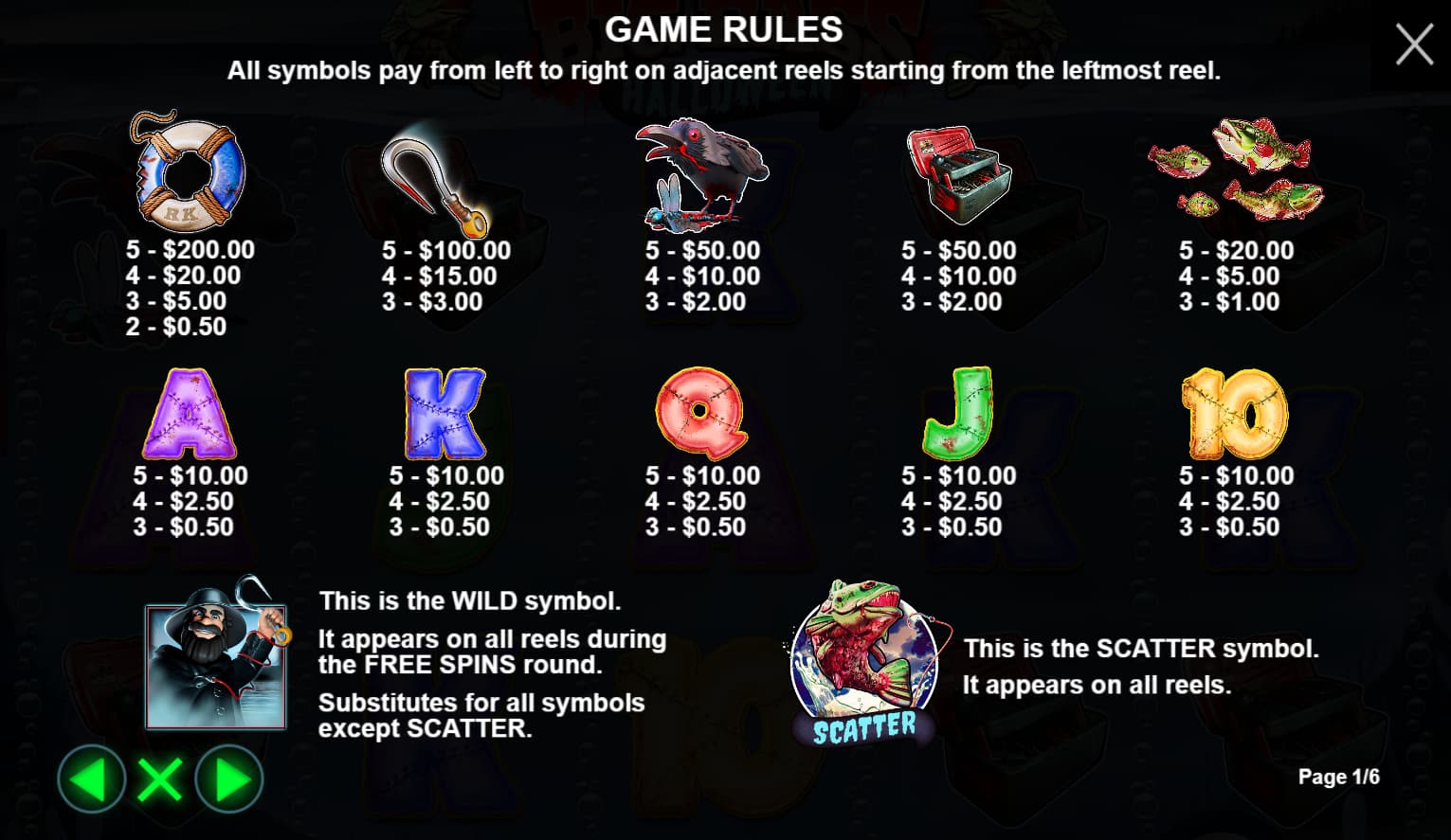 Symbols and paytable of the Big Bass Halloween slot game