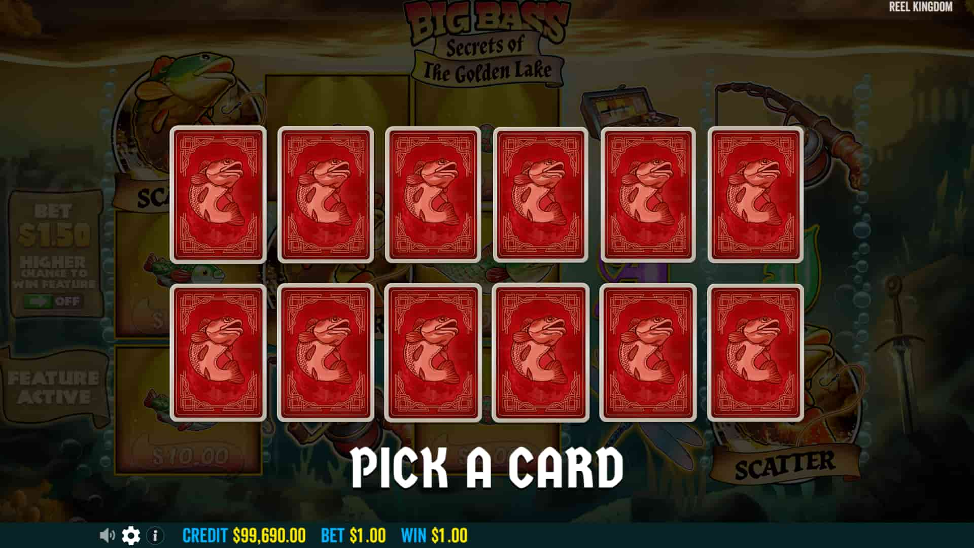 Pick a Random Card to get a starter bonus - Big Bass Secrets of The Golden Lake slot game