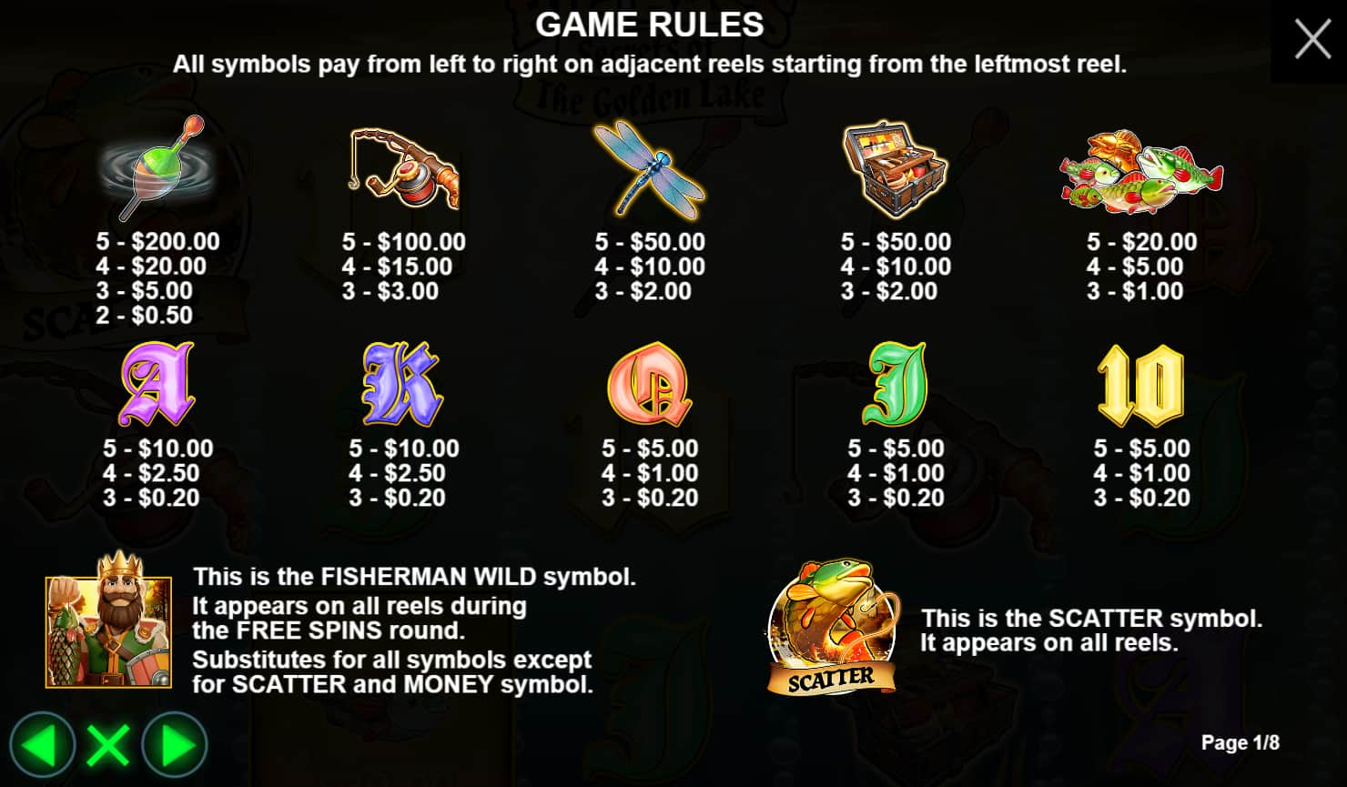 Symbols and paytable of the Big Bass Secrets of The Golden Lake slot game