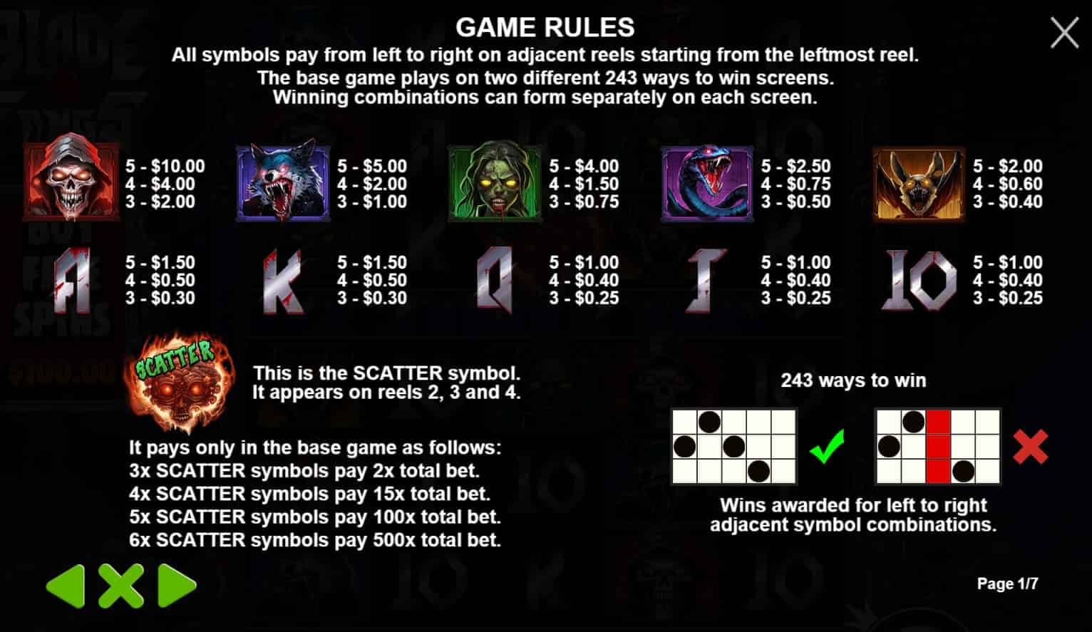 Symbols and paytable of the Blade & Fangs slot game