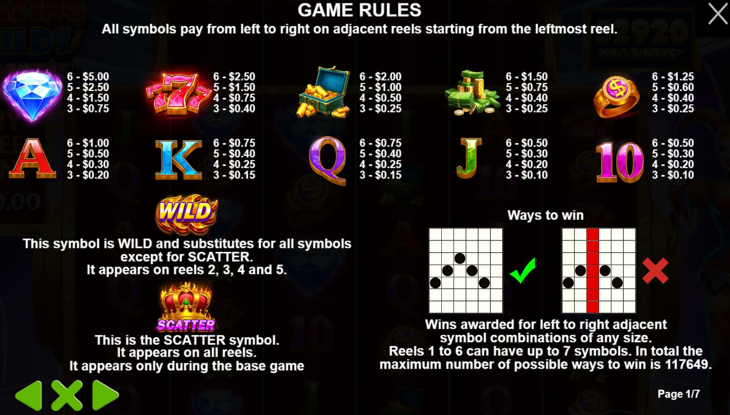 Symbols and paytable of the Blazing Wilds Megaways slot game