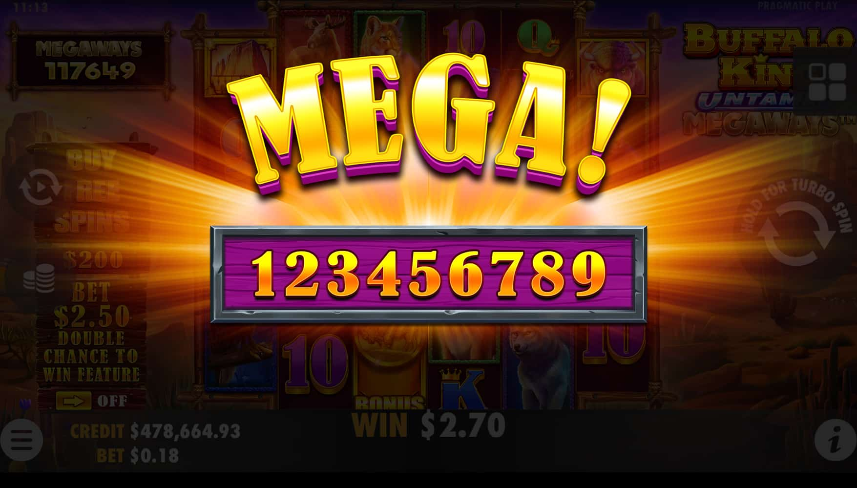 Mega Win Screen - Buffalo King Untamed Megaways slot game