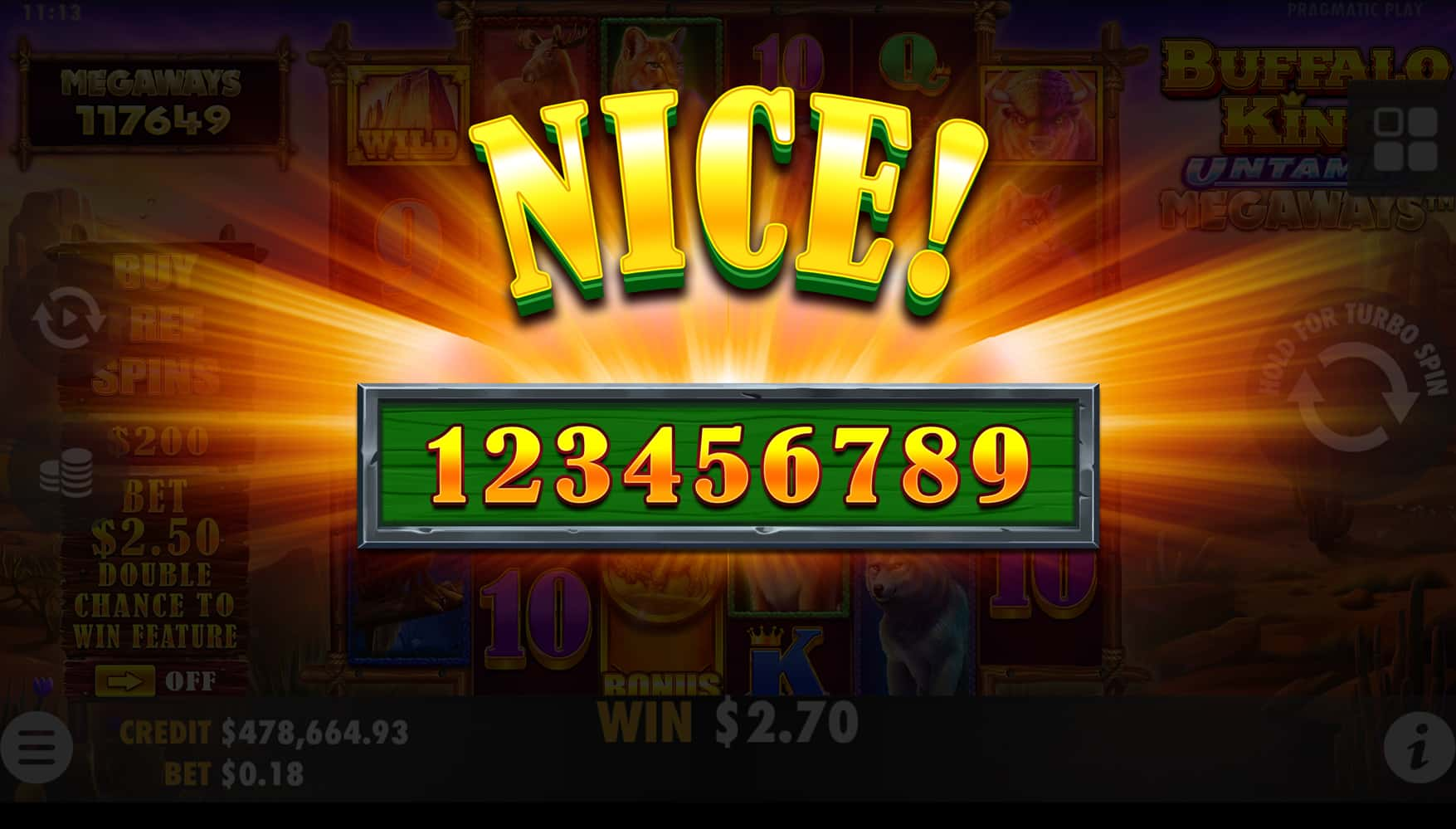 Nice Win Screen - Buffalo King Untamed Megaways slot game