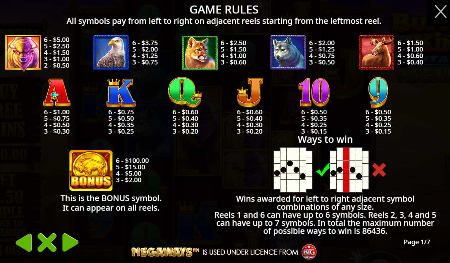 Symbols and paytable of the Buffalo King Untamed Megaways slot game