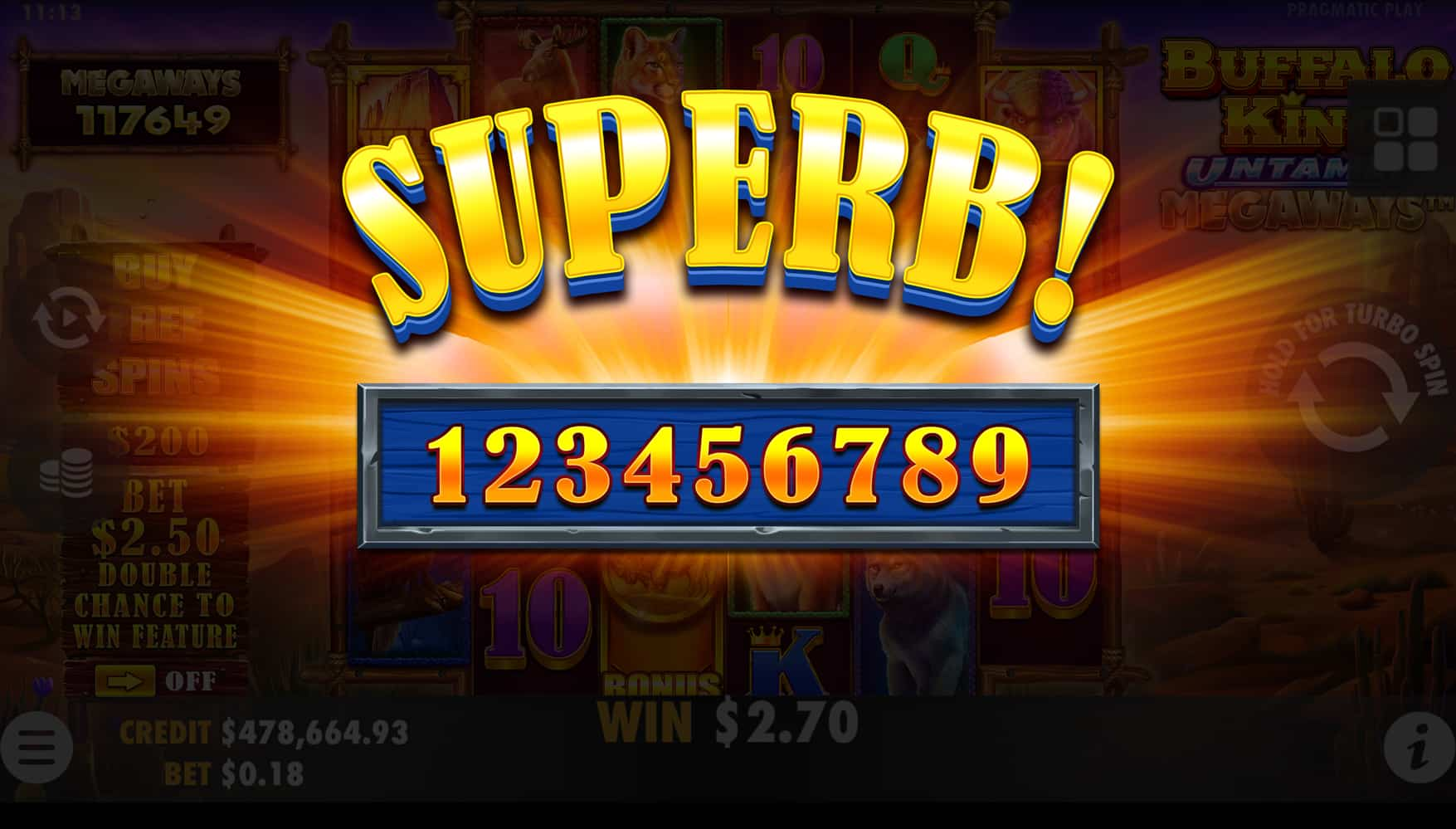 Superb Win Screen - Buffalo King Untamed Megaways slot game