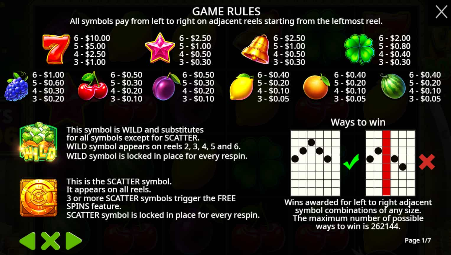 Symbols and paytable of the Cash Bonanza slot game