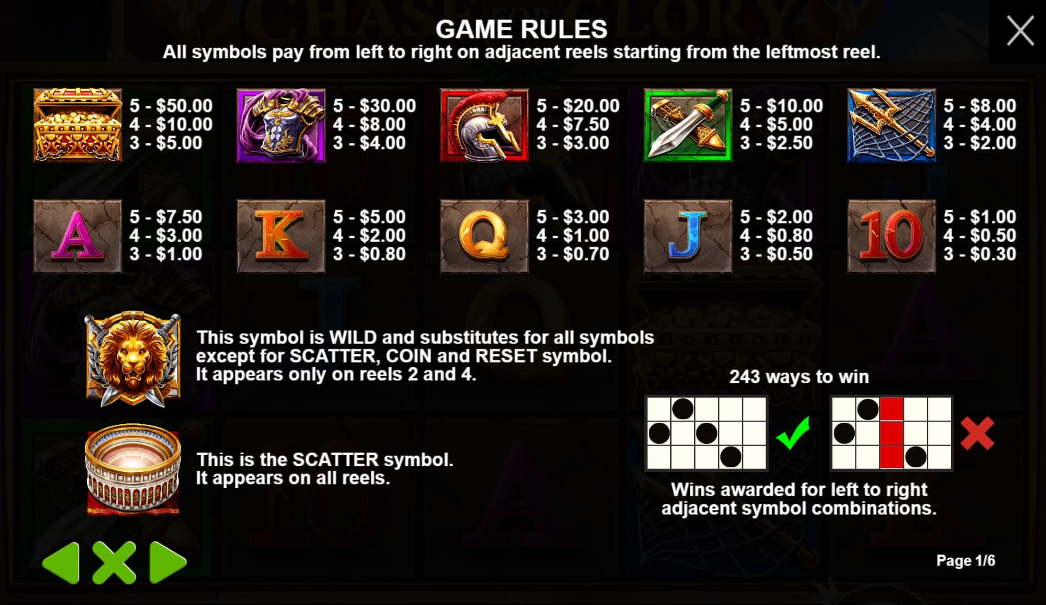 Symbols and paytable of the Chase for Glory slot game