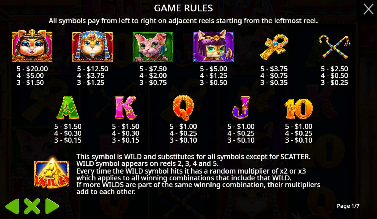 Symbols and paytable of the Cleocatra slot game