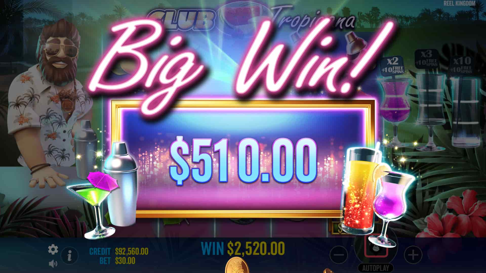 Big Win Screen - Club Tropicana slot game