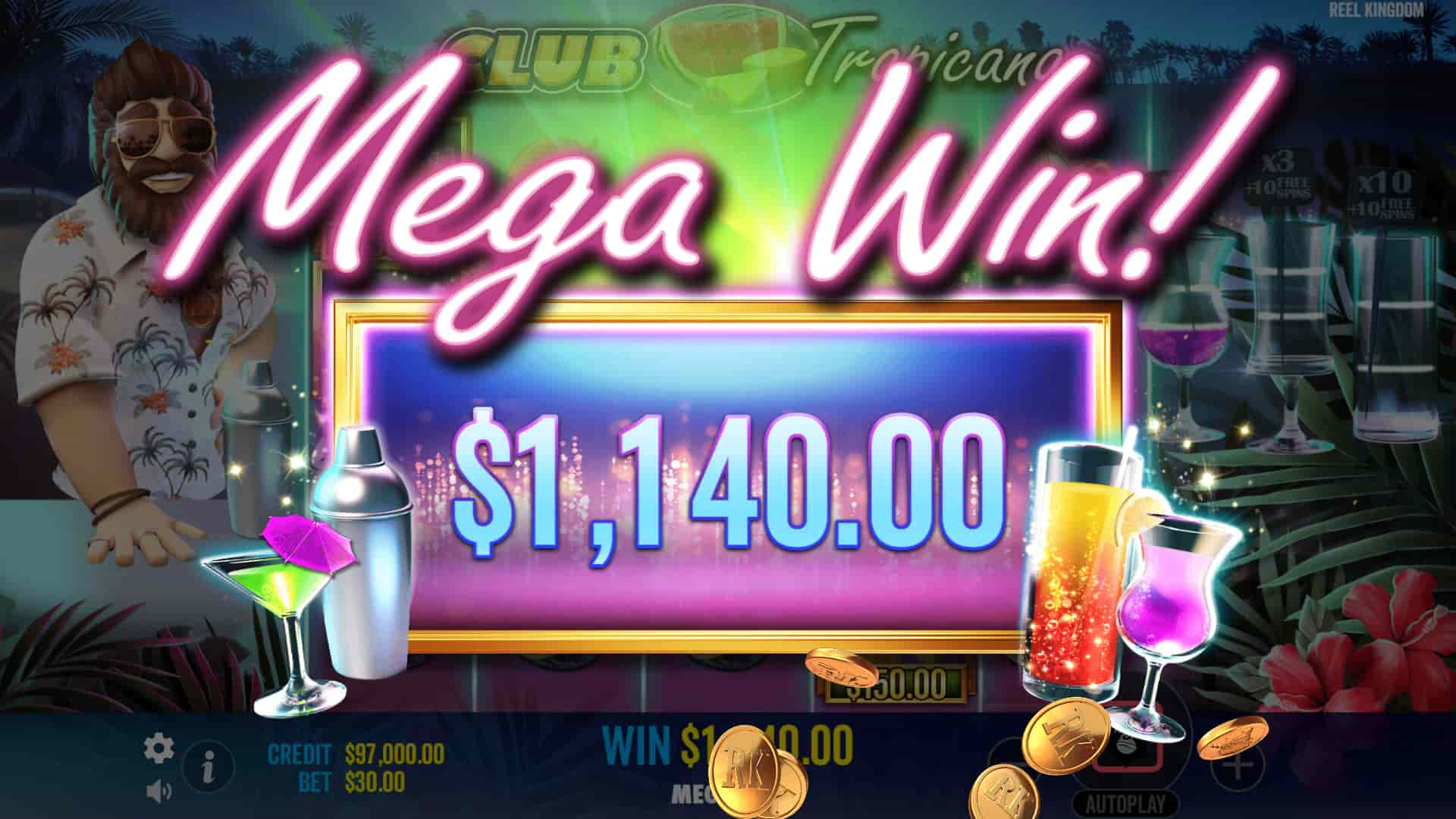 Mega Win Screen - Club Tropicana slot game