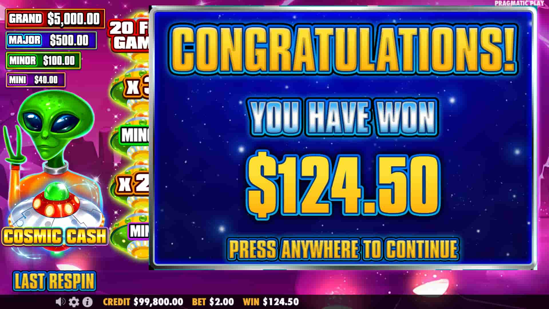 Over 50X Bonus Game Win Screen - Cosmic Cash slot game